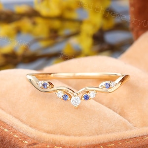 Vintage Yellow Gold Curved wedding band Unique Diamond Blue Sapphire curved wedding band stacking band Promise Anniversary Wedding ring