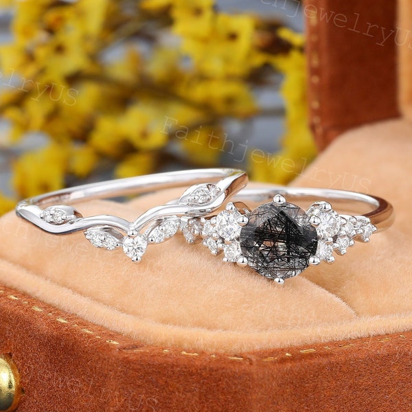 Black Rutilated Quartz Engagement ring set White Gold ring set Marriage ring set Cluster Diamond Bridal ring set Anniversary Wedding set