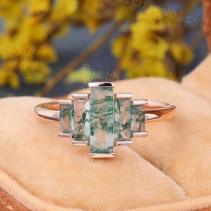 Baguetteschliff Moosachat Verlobungsring Vintage Rosegold Baguette Moosachat Ehe Ehering Frauen Jahrestag Versprechen Brautring