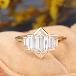 Long Hexagon cut Moissanite Engagement ring Unique Yellow Gold Bezel set ring Baguette Cut Promise Wedding ring Art deco Lab Diamond ring