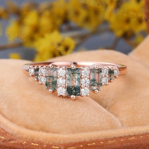 Baguette cut Moss Agate Engagement Ring Solid Rose Gold Minimalist Diamond Band Promise Marriage Anniversary ring Nature Inspired Jewelry