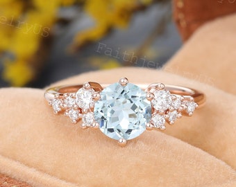 Vintage Aquamarine Engagement ring Solid Rose Gold ring Delicate Marriage ring Cluster Moissanite Diamond ring Anniversary Wedding ring gift