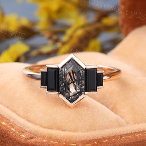 Long Hexagon cut RG Black Quartz Engagement ring Vintage Rose Gold promise Wedding ring Art deco Baguette Black Onyx Anniversary Bridal ring