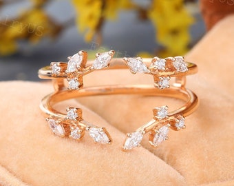 Marquise cut Diamond Curved wedding band Rose Gold Enhancer band Vintage Round Diamond Dainty Leaf Wedding ring Anniversary Wedding Band