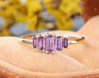 Vintage Baguette cut Amethyst Engagement ring Yellow Gold Promise Wedding ring Art deco ring Amethyst Anniversary ring Bridal ring gift