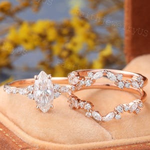 Marquise Cut Moissanite Engagement ring set Vintage Rose Gold Enhancer Double Marquise cut Diamond pave jacket Wedding Ring Set for Women