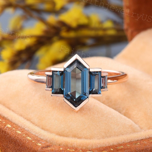 Längliche Hexagon cut London Blautopas Verlobungsring Roségold Versprechen Ehering Art-Deco-Baguette Cut Topaz Jahrestag Brautring