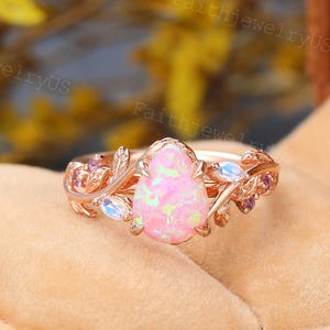 Pear Shaped Lab Pink Opal Engagement Ring Vintage Rose Gold Marquise Moonstone Ring Art Deco Botanical Amethyst Wedding Promise Ring for Her