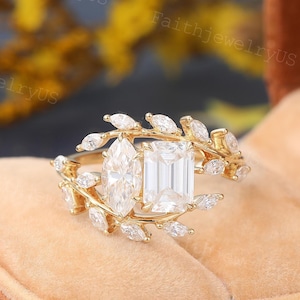 Emerald cut Marquise cut Moissanite Engagement ring Solid Yellow Gold Marquise Art Deco Leaf Diamond Delicate ring Anniversary Wedding ring