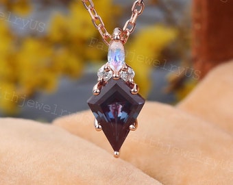 Kite Cut Lab Alexandrite Necklace Vintage Rose Gold Personalized Pendant Marquise Moonstone Marriage Bridal Diamond Pendant for Women Gift