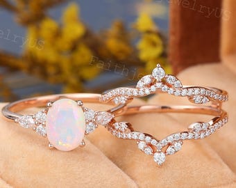 Oval cut African Opal Engagement ring set Vintage Rose Gold Enhancer Double Wedding Bridal Ring Set Promise Anniversary Ring Set for Women