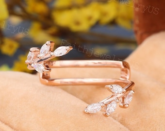 Marquise Lab Grown Diamond Double curved wedding band Rose Gold diamond Enhancer band Leaf Design wedding jacket Moissanite Anniversary ring