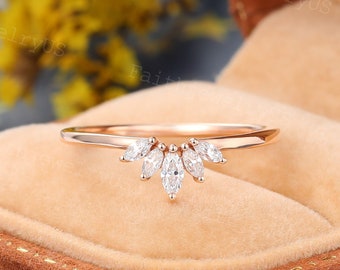 Marquise cut Diamond Curved wedding band Crown Diamond wedding band Vintage Rose Gold Marriage ring Unique Promise Anniversary ring gift