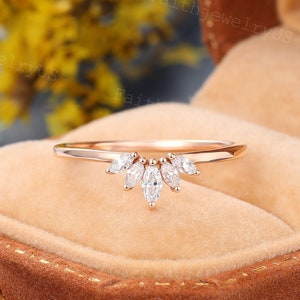 Marquise cut Diamond Curved wedding band Crown Diamond wedding band Vintage Rose Gold Marriage ring Unique Promise Anniversary ring gift