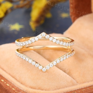 Vintage Diamond Curved Double Wedding band yellow Gold Unique Diamond Enhancer band Promise Bridal wedding jacket Anniversary Ring gift.