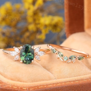 Oval cut Green Blue Sapphire Engagement ring set Vintage Rose Gold Marquise Green Blue Sapphire Bridal Set Promise Moissanite Ring Set