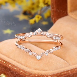 Vintage Lab Grown Diamond Double Wedding band Rose Gold Micro Pave Diamond Enhancer band Promise Bridal Leaf wedding jacket Anniversary Ring