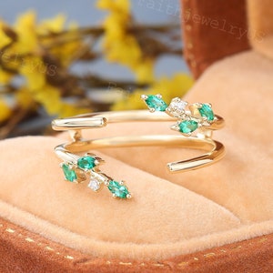 Marquise cut Emerald Curved wedding band Vintage Yellow Gold Enhancer band Cluster Moissanite Diamond Wedding jacket Anniversary Bridal ring