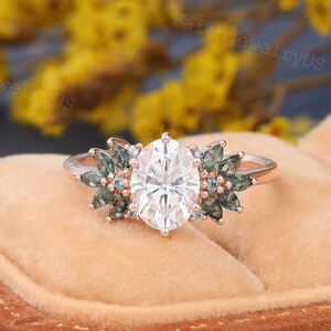 Oval cut Moissanite Engagement ring Vintage Rose Gold Marquise Cut Moss Agate Ring Art Deco Alexandrite Ring Women Marriage Anniversary ring