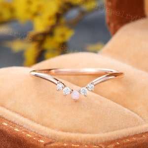 Vintage Opal Rose Gold Curved wedding band Unique Diamond curved wedding band Matching stacking Dainty Anniversary Wedding ring for Women