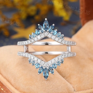 Marquise London Blautopas gebogen Doppel Ehering Weißgold Einzigartige Diamantenenhancer Band Versprechen Brauthochzeitsjacke Jubiläum Ring