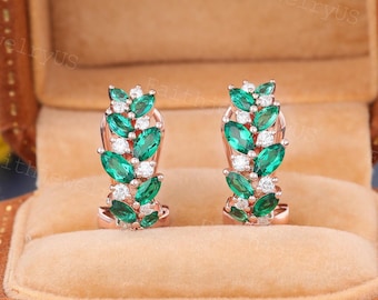 A pair Unique Marquise Cut Lab Emerald Hoop Earrings 14K Rose Gold Moissanite Hoops Earrings Pave Emerald Earrings Anniversary Gift for Her