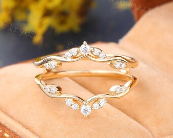 Vintage Diamond Double Wedding band Vintage Yellow Gold Cluster Diamond Enhancer band Promise Bridal wedding jacket Anniversary Ring gift