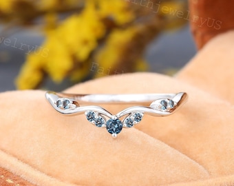 Unique London Blue Topaz Curved Wedding band Solid White Gold Wedding band Art Deco Promise Anniversary Marriage Wedding band for women Gift