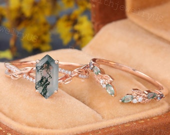 Long Hexagon cut Moss Agate Engagement ring set Vintage Rose Gold Open Marquise Moss Agate Cluster Wedding Band Art Deco Alexandrite Ring