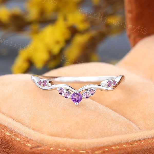 Unique Amethyst Curved Wedding band Solid White Gold Wedding band Amethyst wedding ring Promise Anniversary Marriage Wedding band for women