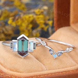 Long Hexagon Cut Lab Alexandrite Engagement ring set Baguette cut Moonstone Wedding ring Set White Gold Anniversary Bridal set for Women