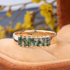 Baguette cut Moss agate Wedding band Unique Yellow Gold Stacking Band Delicate Marriage Wedding band Women Anniversary Promise Wedding ring
