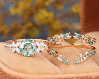 Set di anelli di fidanzamento con agata muschiata a taglio rotondo, oro rosa, set da sposa con agata muschiata a grappolo aperto e marquise, set di anelli di promessa e anniversario con alessandrite.