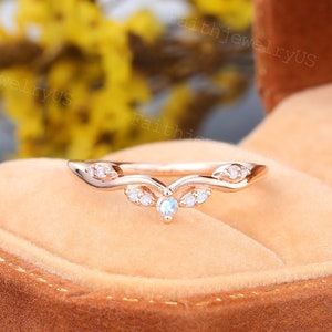 Vintage Moonstone Rose Gold Curved wedding band Unique curved wedding band Celtic stacking Dainty band Anniversary Wedding ring