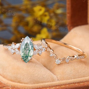 Marquise cut Moss Agate Engagement ring set Vintage Rose Gold Cluster Marquise cut Diamond Bridal set Promise Anniversary Ring Set Women