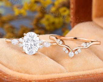 Oval cut Moissanite Engagement ring Set Vintage Rose Gold Marquise Cut Moissanite Wedding ring Set Promise Anniversary Bridal ring for Women
