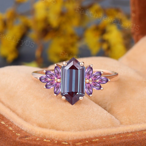 Long Hexagon cut Alexandrite Engagement ring Unique Rose Gold Marquise cut Amethyst promise ring Marriage ring Anniversary ring for women