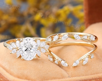 1.5CT Oval cut Lab Grown Diamond Engagement ring set Unique Yellow Gold Enhancer Double Marquise cut Diamond Bridal Promise Wedding Ring Set