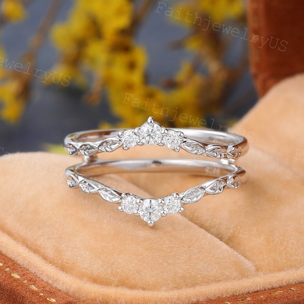 Antique Moissanite Enhancer wedding band Unique White gold pave jacket bridal ring Art Deco Leaf Stackable marriage ring Anniversary ring