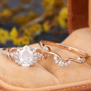 Pear cut Moissanite Engagement ring set Vintage Rose Gold Twist Moissanite Diamond Bridal Ring Set Promise Anniversary Ring Set for Women