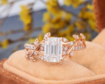 Emerald cut Moissanite Engagement ring Vintage Rose Gold ring Art Deco Leaf Dainty Moissanite Diamond Promise Anniversary ring for women