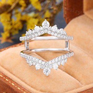 Vintage Diamond Enhancer wedding band Unique Pave diamond Double wedding band White gold wedding jacket ring Promise Anniversary ring.