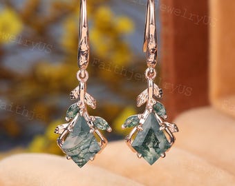 Kite Cut Moss Agate Earrings Vintage Rose Gold Art Deco Leaf Marquise Moss Agate Drop Earrings Bridal Jewelry Promise gift for women