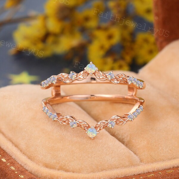 Double Enhancer Natural Opal Wedding Band Vintage Rose Gold Wedding Ring Promise Bridal Art Deco Leaf Anniversary Ring for Women Gift