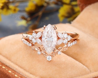 Marquise Schnitt Moissanite Verlobungsring Vintage Rose Gold Cluster Marquise Moissanite Diamant Braut Set Versprechen Jahrestag Ring Set