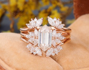 Long Hexagon cut Moissanite Engagement ring set Vintage Rose Gold Double Enhancer Marquise Cut Moissanite Wedding Band Promise Bridal Set