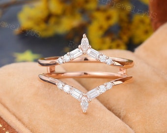 Marquise cut Double Enhancer Moissanite Wedding band Vintage Rose Gold Baguette Moissanite Diamond Enhancer Band Promise wedding jacket