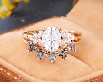 Vintage Oval cut Moissanite Engagement ring set Rose Gold Trilliant Black Rutilated Quartz Wedding Band Promise Anniversary Ring for Women