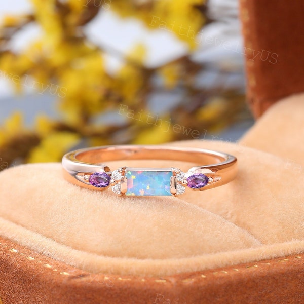 Baguette Opal Wedding band Rose Gold Marquise Amethyst Moissanite Delicate Marriage Wedding band Anniversary Promise Women Wedding band gift