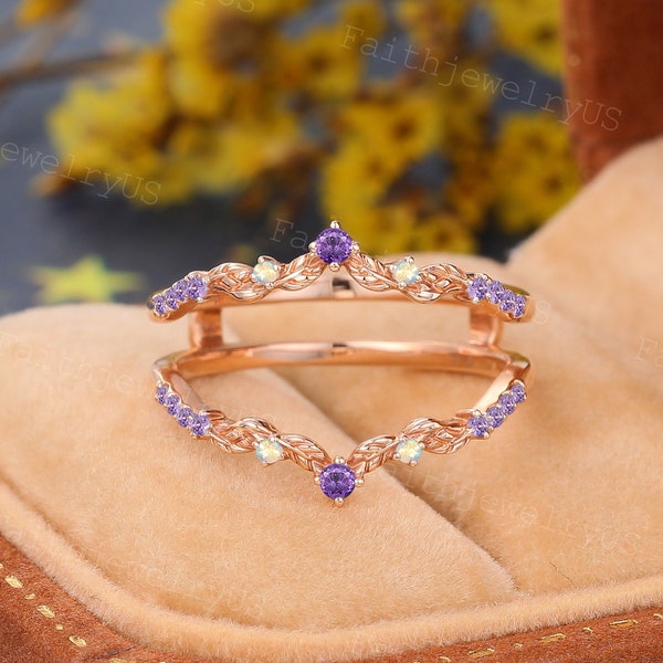 Double Enhancer Amethyst Wedding Band Vintage Rose Gold Natural Opal Wedding Ring Promise Bridal Leaf Anniversary Ring for Women Gift